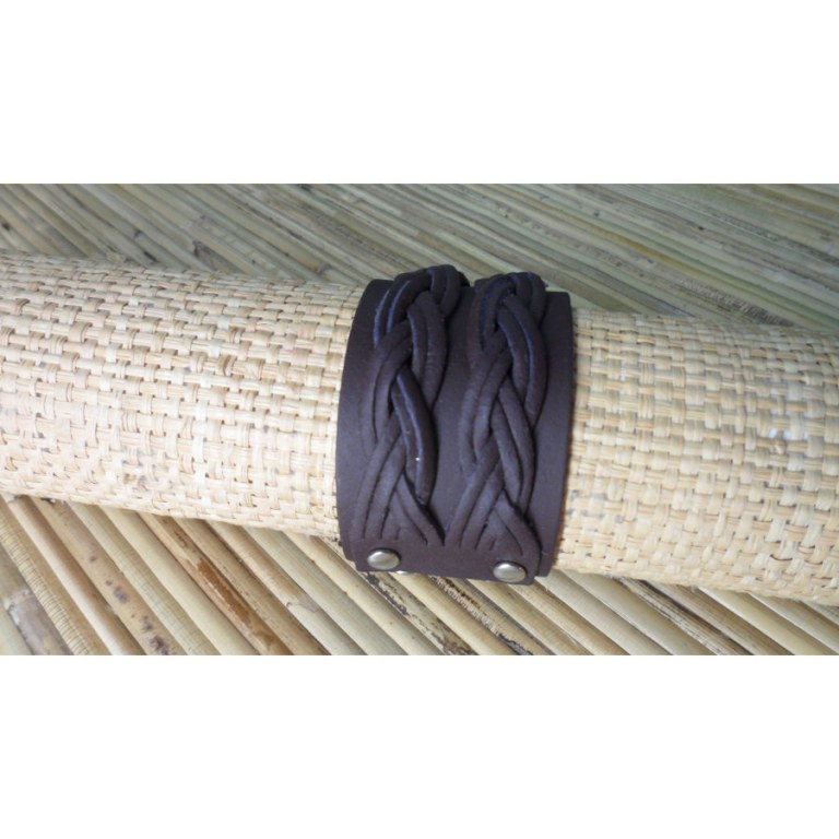 Bracelet manchette marron 2 bandes nattées