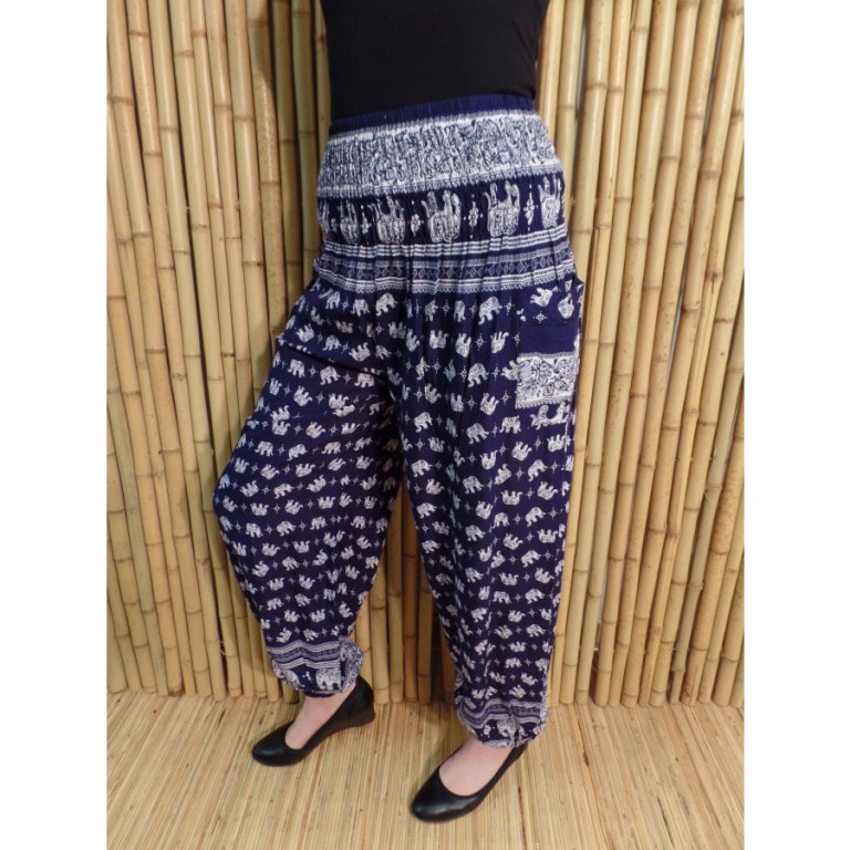 Pantalon marine Pejburi petits éléphants écrus