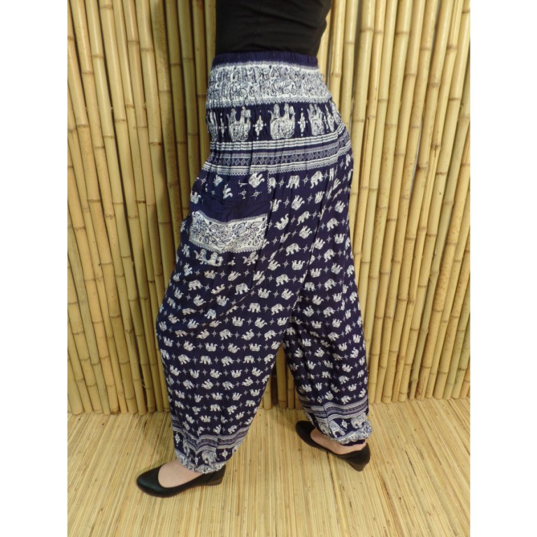 Pantalon marine Pejburi petits éléphants écrus