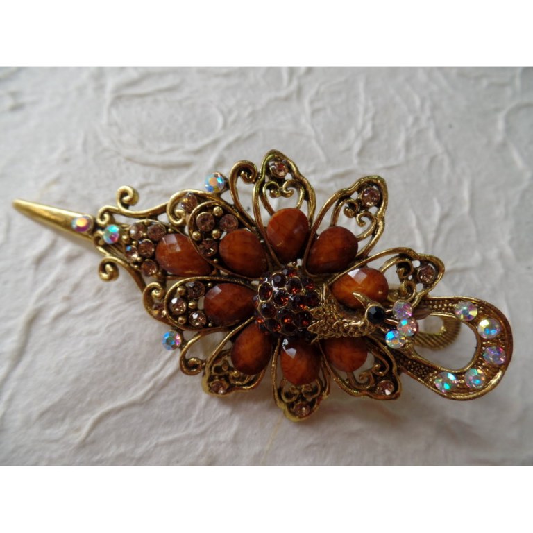 Pince strass fleur paon marron