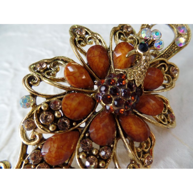 Pince strass fleur paon marron