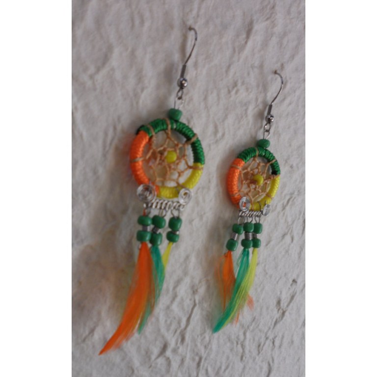 Boucles d'oreilles attrape rêves tricolore plumes color