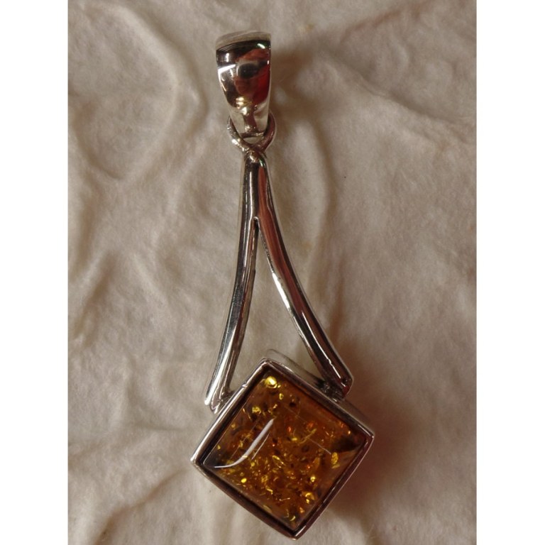 Pendentif long losange argent et ambre 