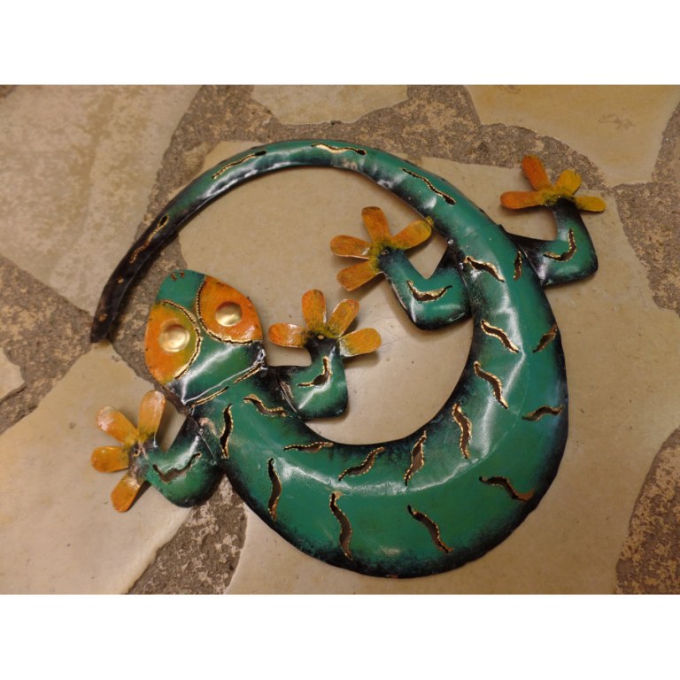 Gecko en rond turquoise et orange