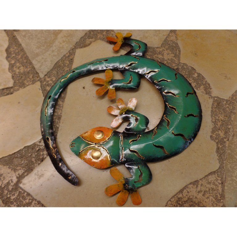 Gecko en rond turquoise et orange