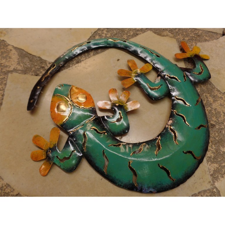 Gecko en rond turquoise et orange