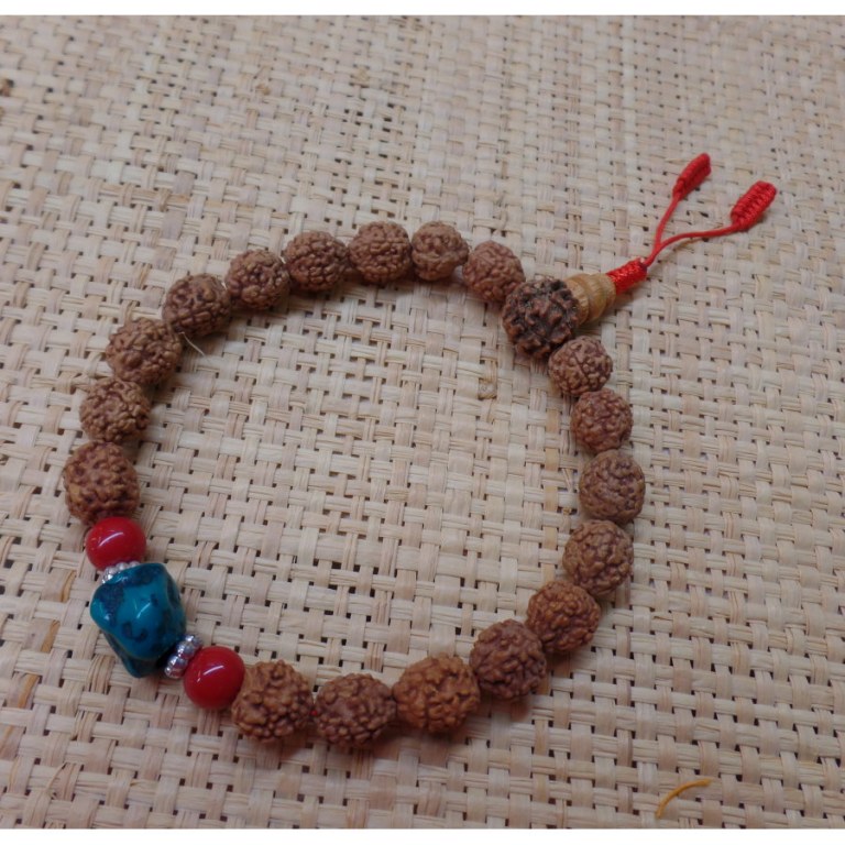 Bracelet mala 22 perles rudraksha/corail/turquoise