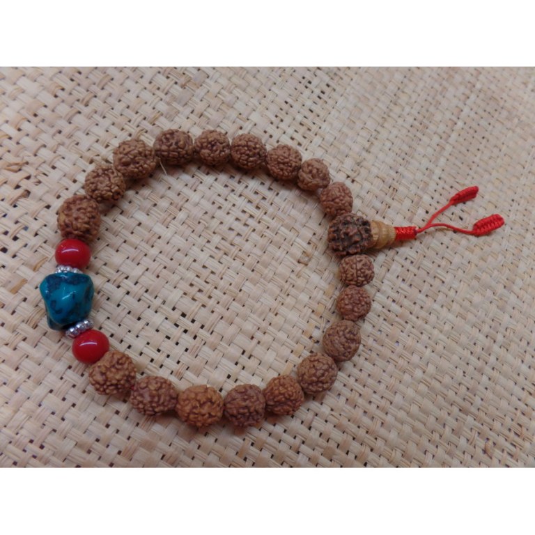 Bracelet mala 22 perles rudraksha/corail/turquoise