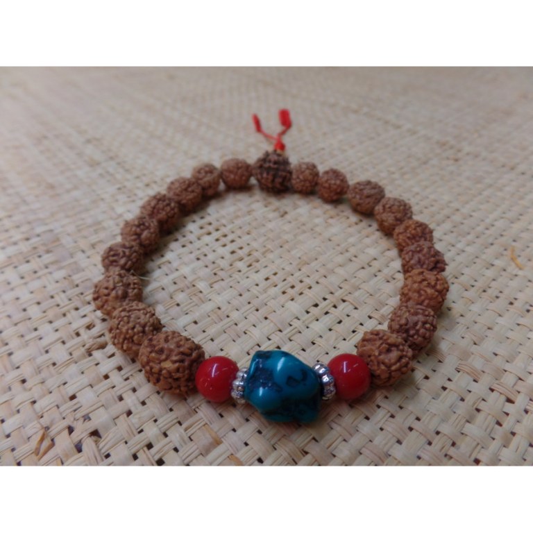 Bracelet mala 22 perles rudraksha/corail/turquoise