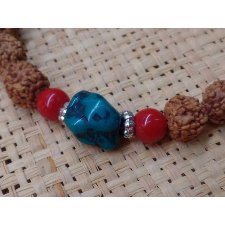 Bracelet mala 22 perles rudraksha/corail/turquoise