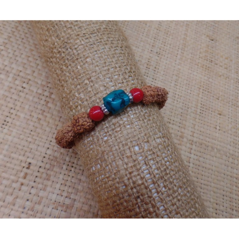 Bracelet mala 22 perles rudraksha/corail/turquoise