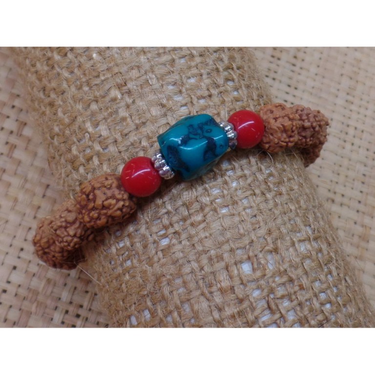 Bracelet mala 22 perles rudraksha/corail/turquoise