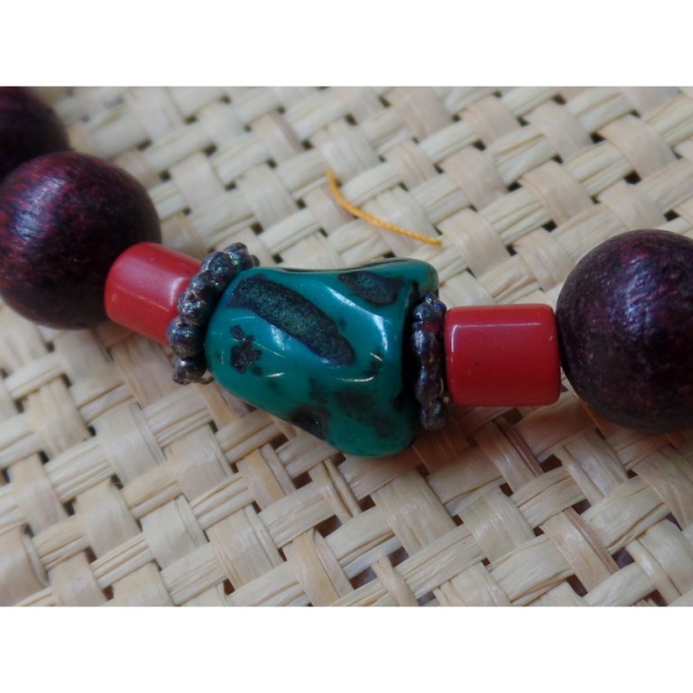 Bracelet mala rosewood/corail turquoise