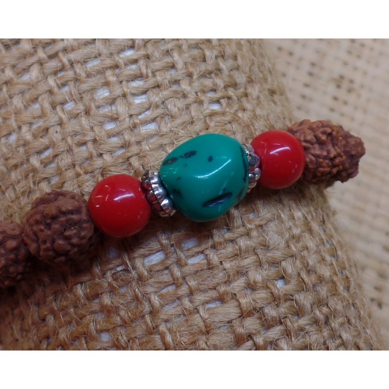 Bracelet mala 22 perles rudraksha/corail/turquoise 2