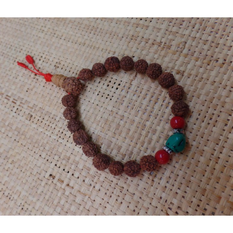 Bracelet mala 22 perles rudraksha/corail/turquoise 2