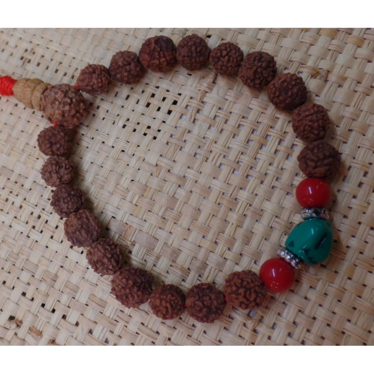 Bracelet mala 22 perles rudraksha/corail/turquoise 2