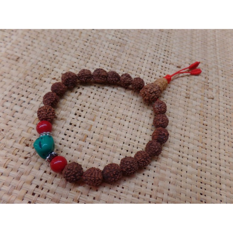 Bracelet mala 22 perles rudraksha/corail/turquoise 2