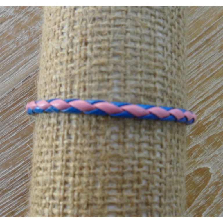 Bracelet rond cuir tressé rose et bleu