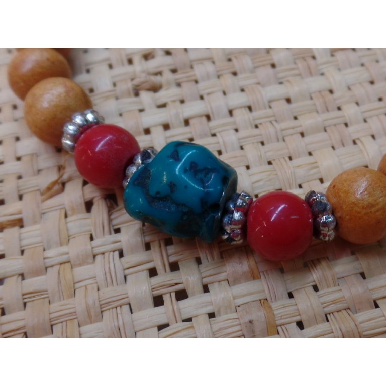 Bracelet mala perles bois/corail/turquoise