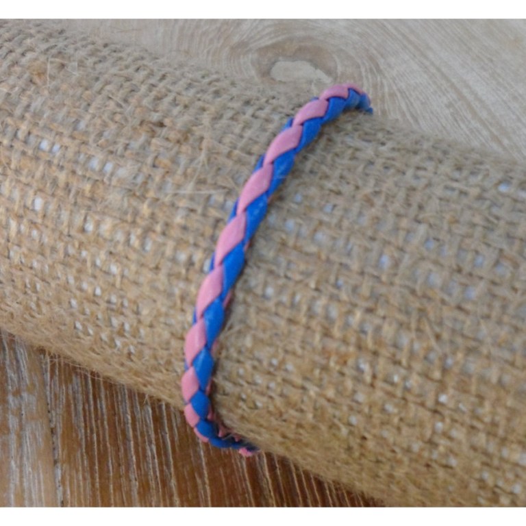 Bracelet rond cuir tressé rose et bleu