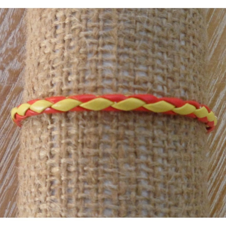 Bracelet rond cuir tressé jaune et rouge