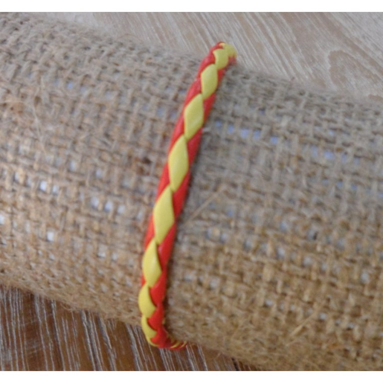 Bracelet rond cuir tressé jaune et rouge