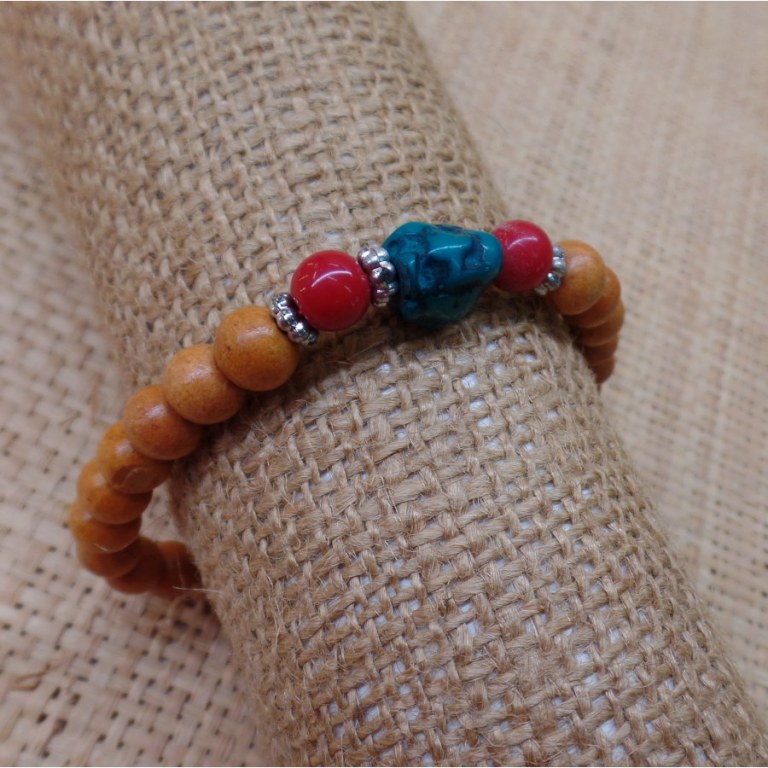 Bracelet mala perles bois/corail/turquoise