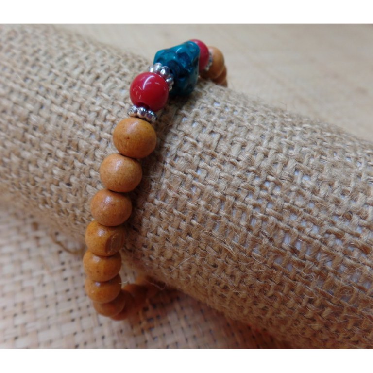 Bracelet mala perles bois/corail/turquoise
