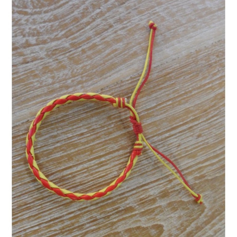 Bracelet rond cuir tressé jaune et rouge