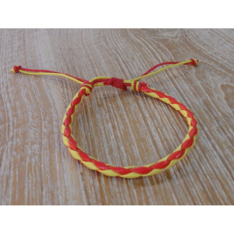 Bracelet rond cuir tressé jaune et rouge