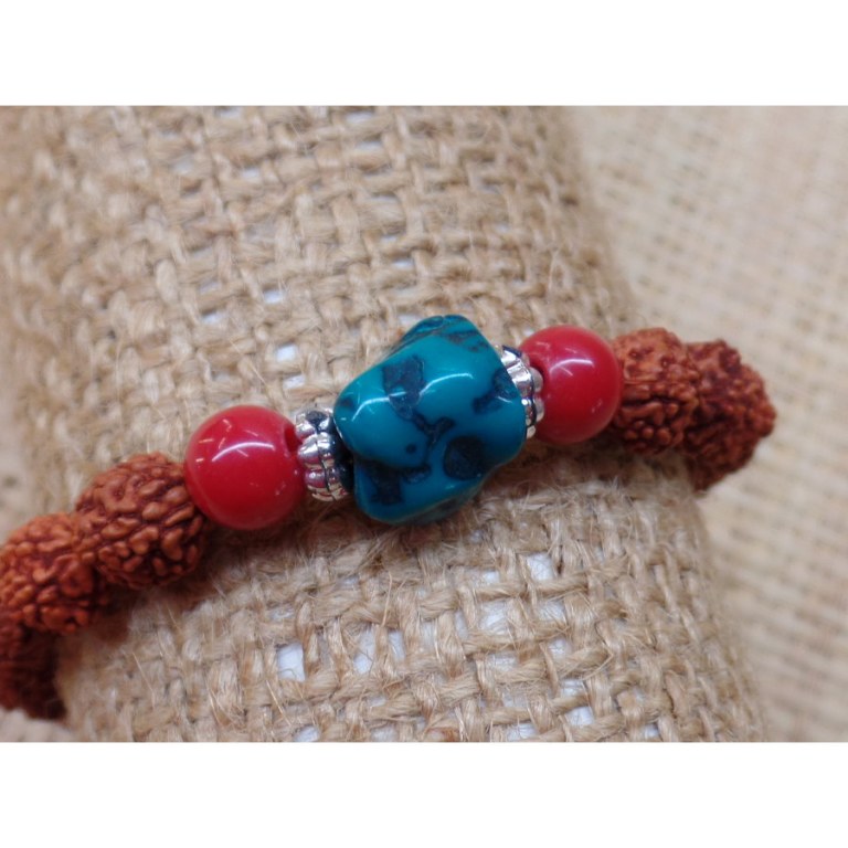 Bracelet mala 26 perles rudraksha/corail/turquoise 