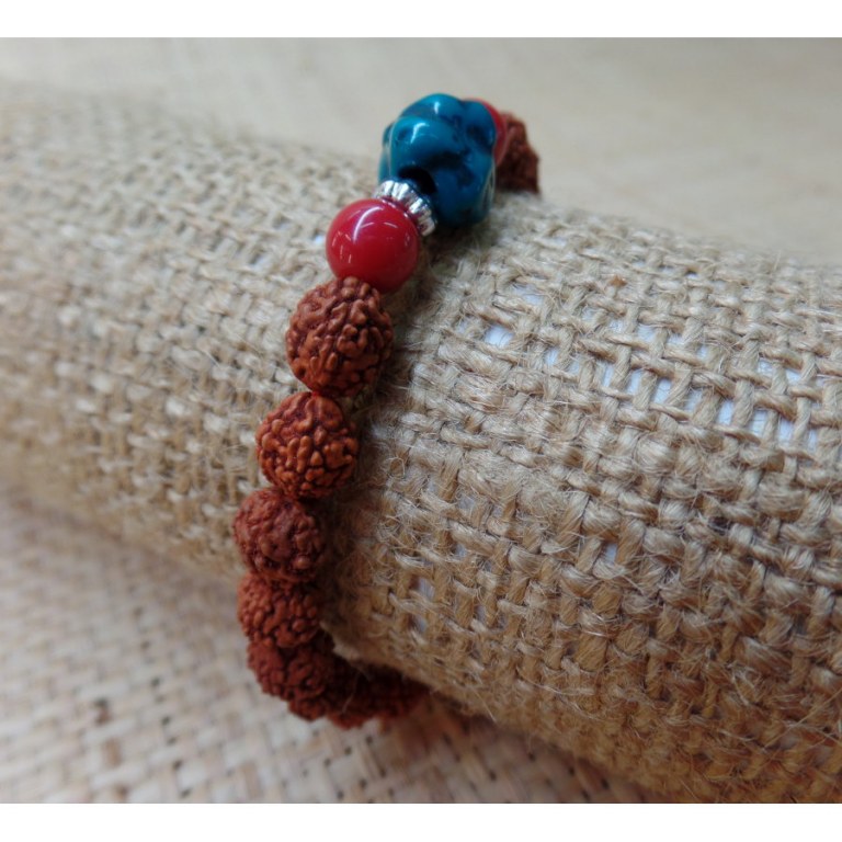 Bracelet mala 26 perles rudraksha/corail/turquoise 