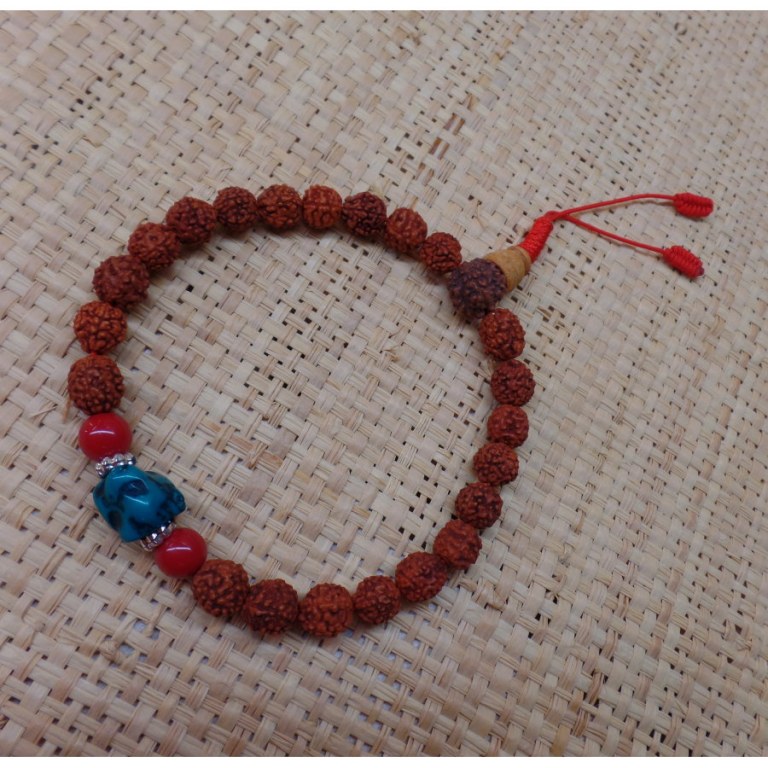 Bracelet mala 26 perles rudraksha/corail/turquoise 