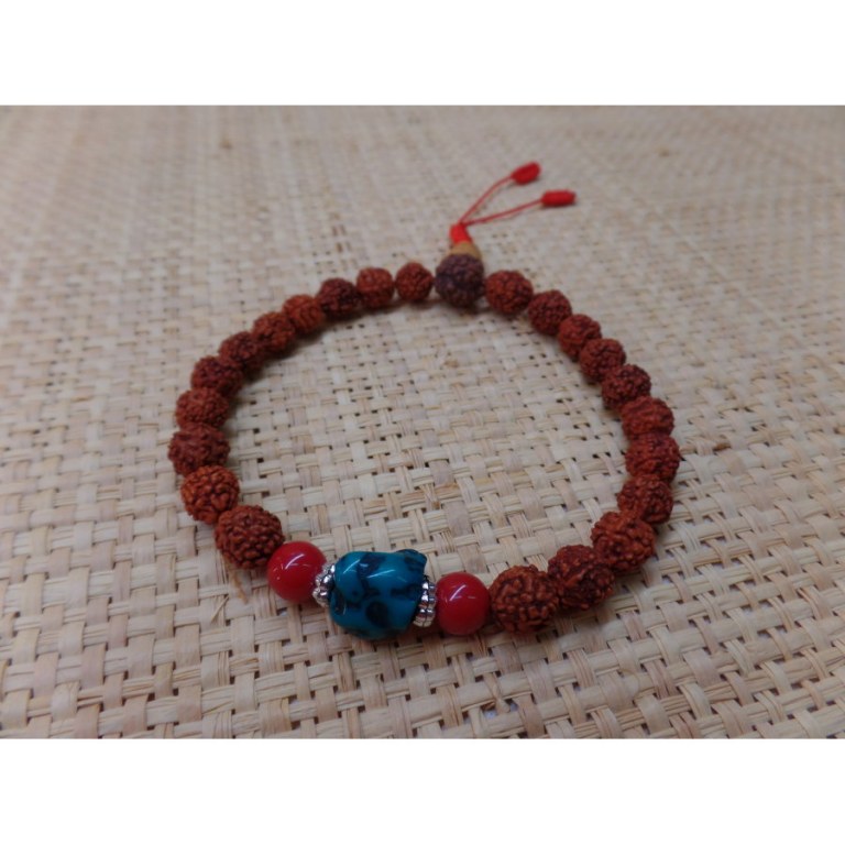 Bracelet mala 26 perles rudraksha/corail/turquoise 