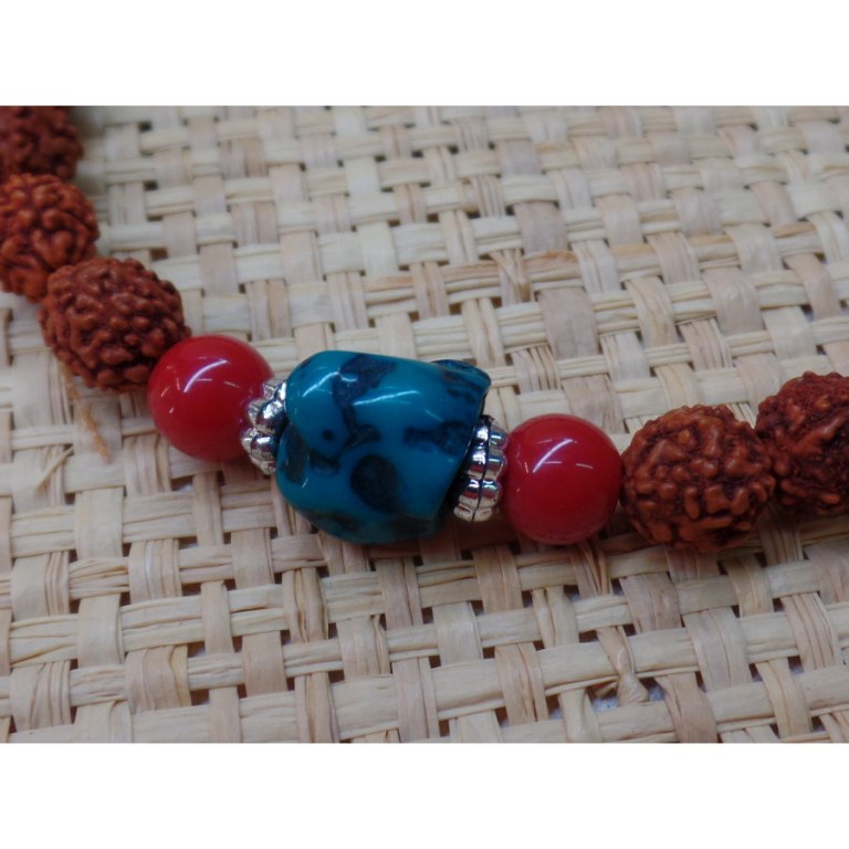 Bracelet mala 26 perles rudraksha/corail/turquoise 