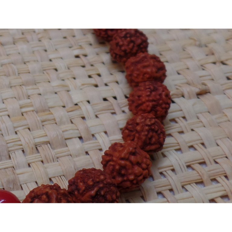 Bracelet mala 26 perles rudraksha/corail/turquoise 