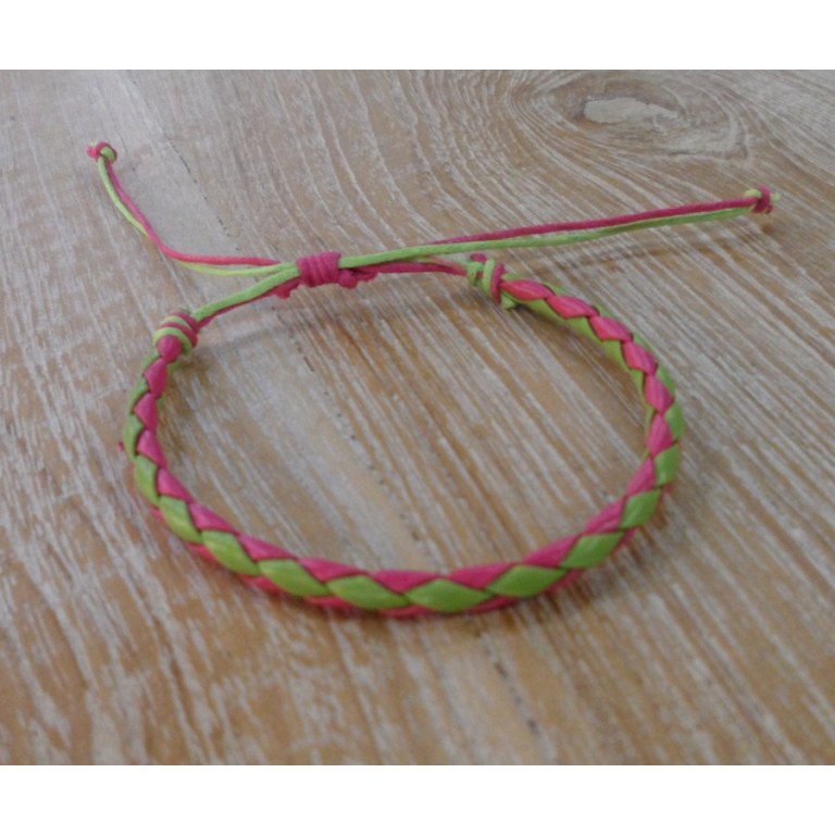 Bracelet rond cuir tressé vert et rose