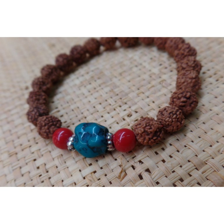 Bracelet mala 22 perles rudraksha/corail/turquoise 3