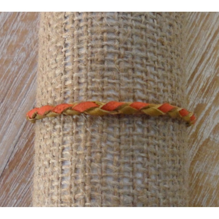 Bracelet rond cuir tressé kaki et orange