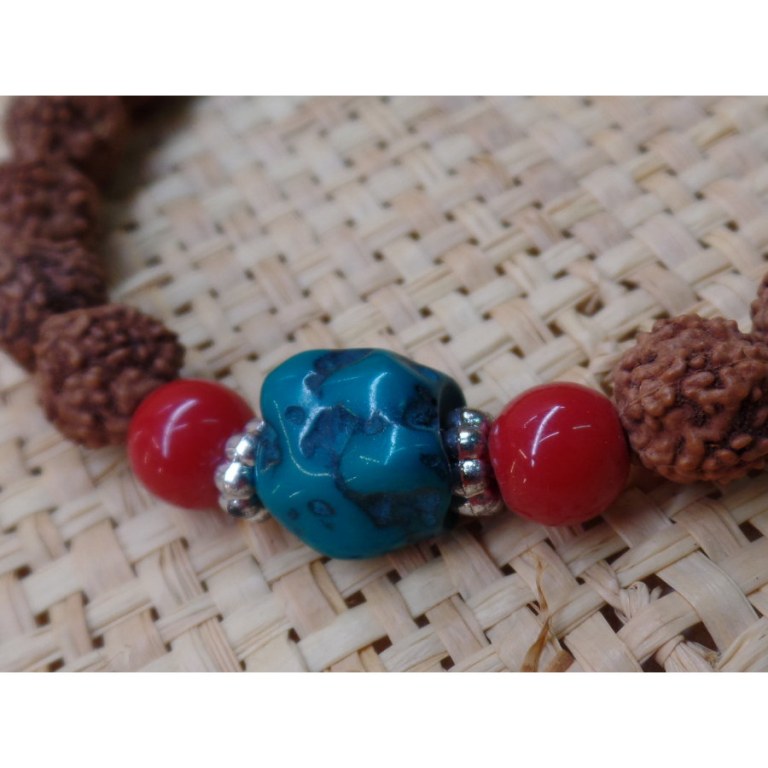 Bracelet mala 22 perles rudraksha/corail/turquoise 3