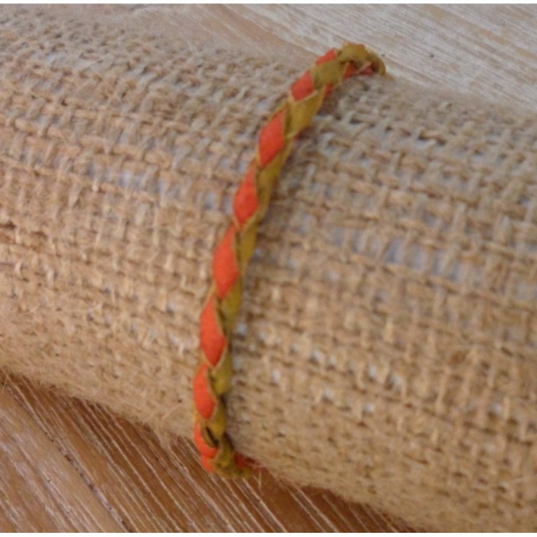 Bracelet rond cuir tressé kaki et orange