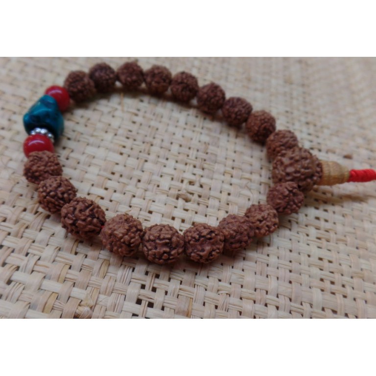 Bracelet mala 22 perles rudraksha/corail/turquoise 3