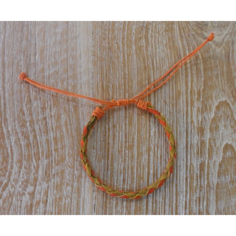 Bracelet rond cuir tressé kaki et orange