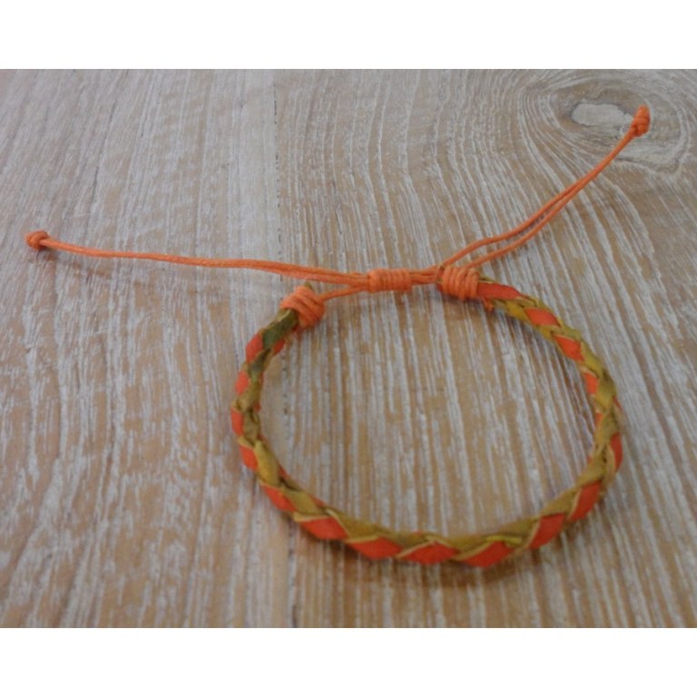 Bracelet rond cuir tressé kaki et orange