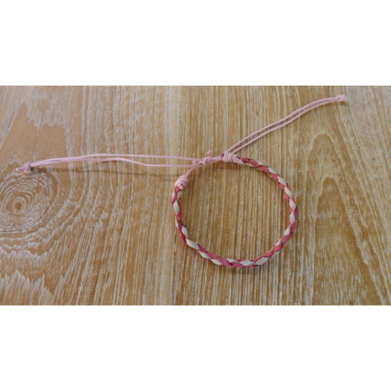 Bracelet rond cuir tressé rose et blanc