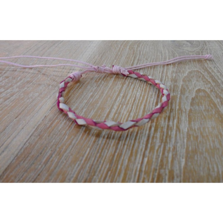 Bracelet rond cuir tressé rose et blanc