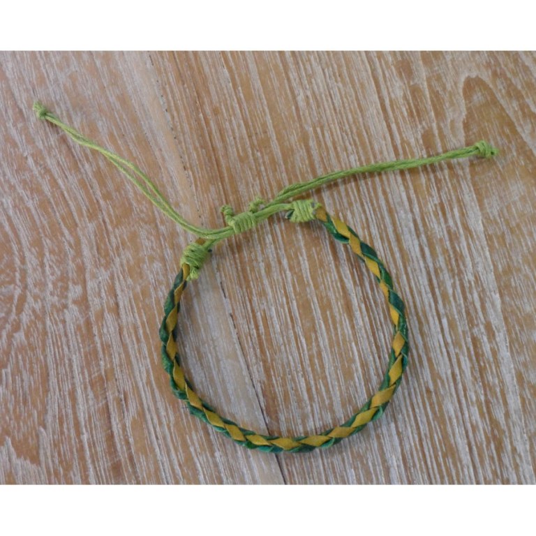 Bracelet rond cuir tressé jaune moutarde et vert