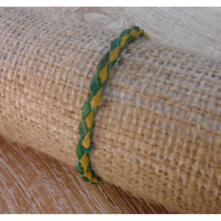 Bracelet rond cuir tressé jaune moutarde et vert