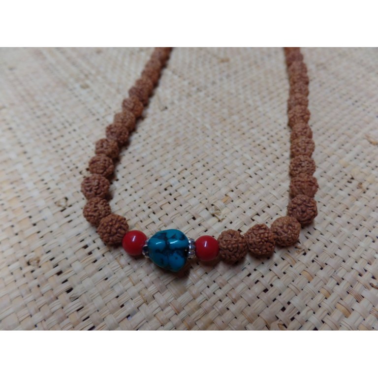 Mala 108 cm Rudraksha/turquoise/corail