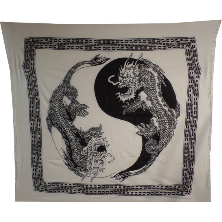 Tenture blanche dragons yin yang noirs